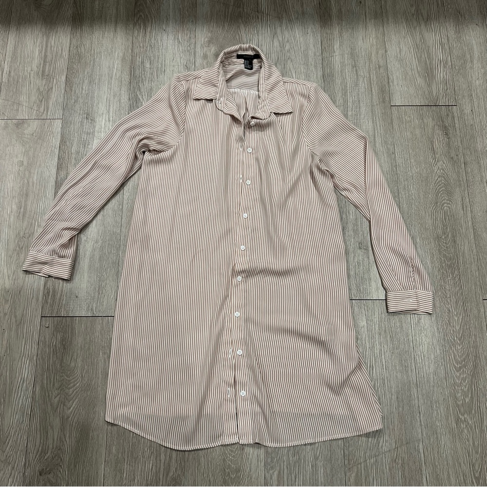 Forever 21 Brown and Beige Striped Long Sleeve Shirt Dress Women's Size Small